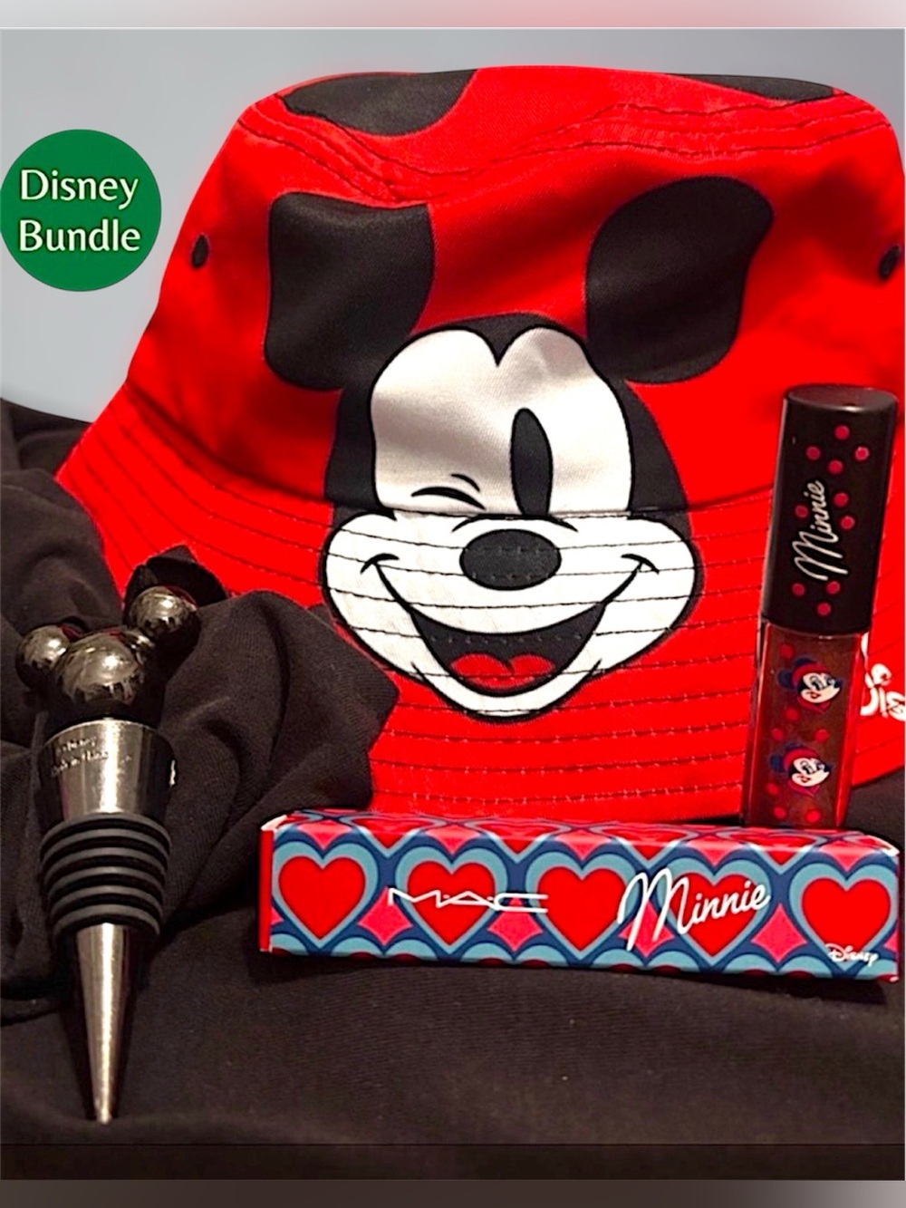 Disney Bucket Hat -Mac “Dress Up” Lip Gloss & Wine bottle topper